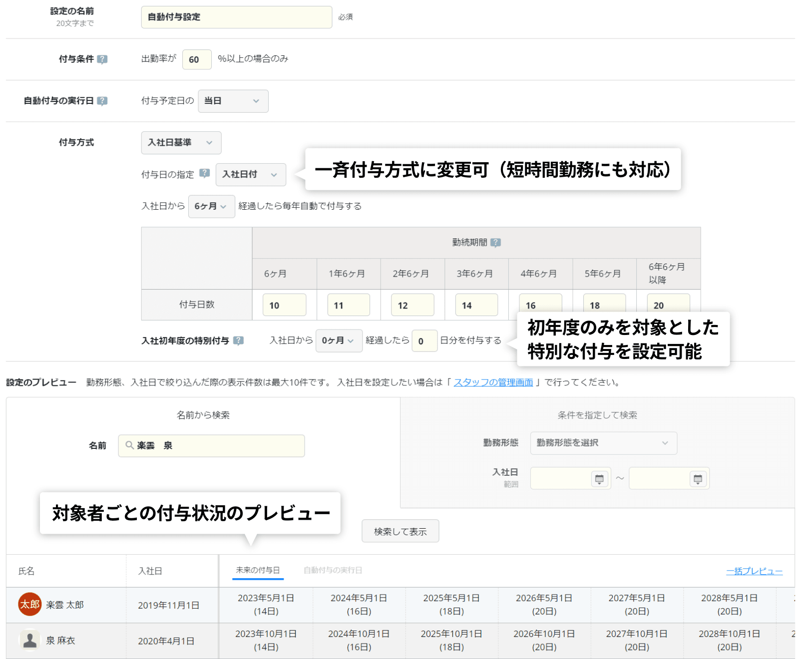 rakumo キンタイ 年休自動付与設定画面